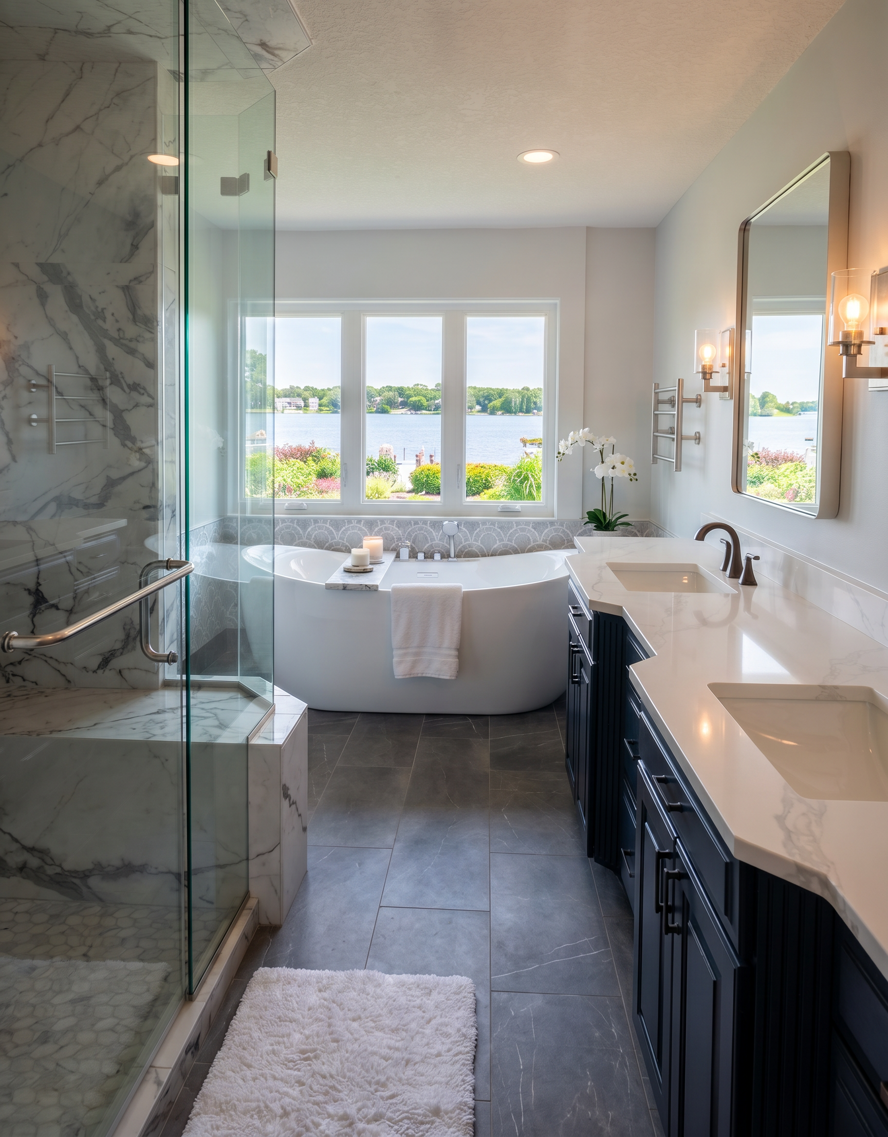 205th master bathroom walk-in shower with rainfall head and frameless glass in Lakeville