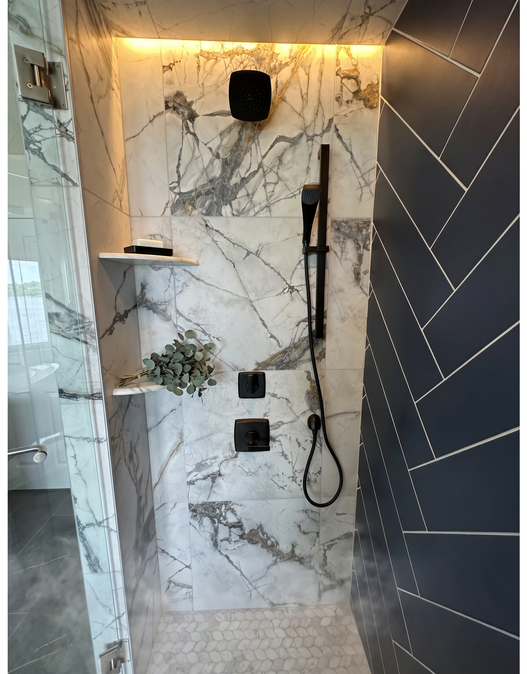 205th Lakeville — Calacatta Marble Shower Detail