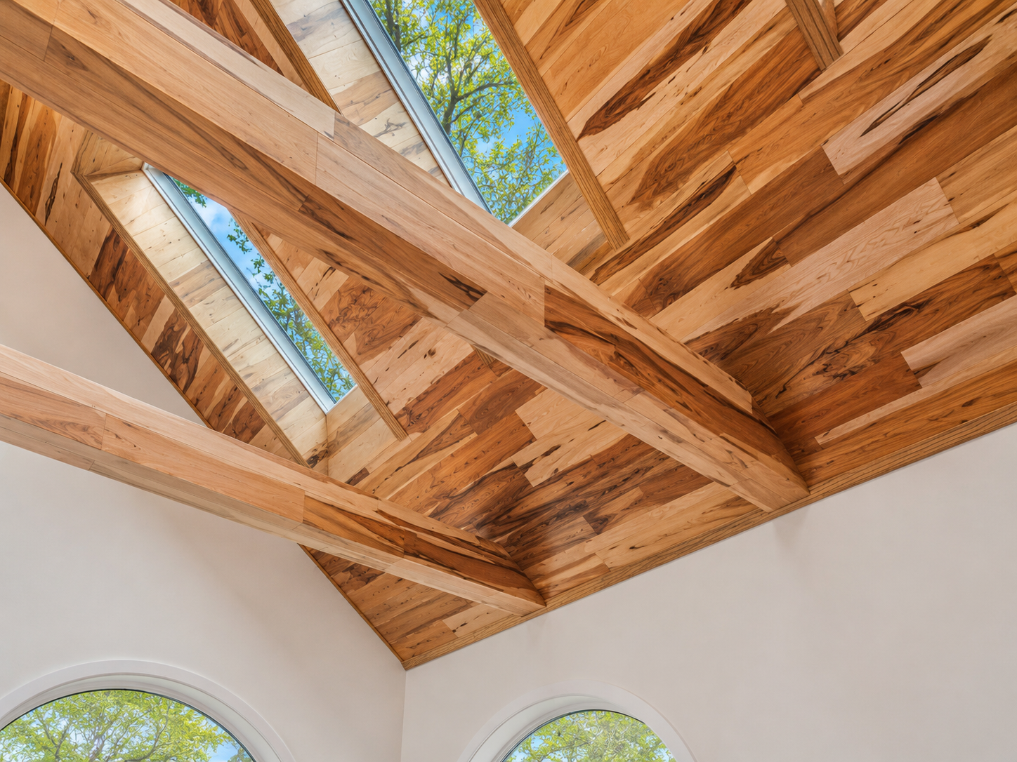 Light for Art — Vaulted Pecky Cypress Ceiling with Exposed Timber Beams and Skylights