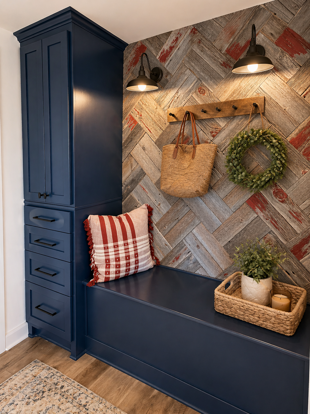 Douglas Mendota Heights — Navy Blue Mudroom with Reclaimed Wood Herringbone Accent Wall