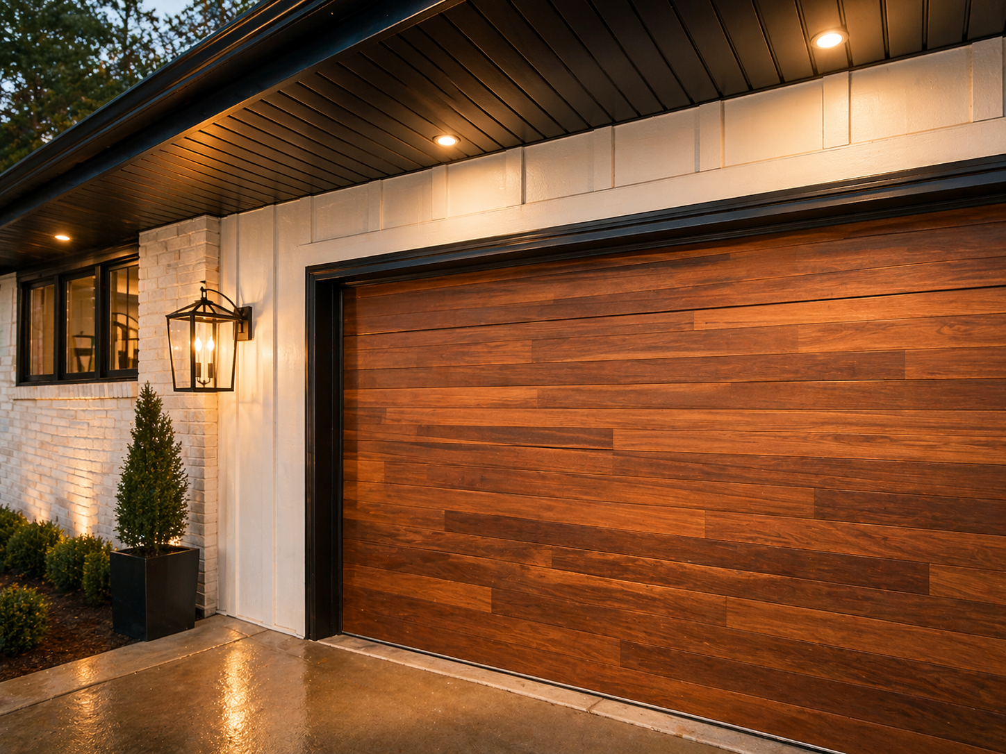 Douglas Mendota Heights — Wood Garage Door and Stone Facade at Evening