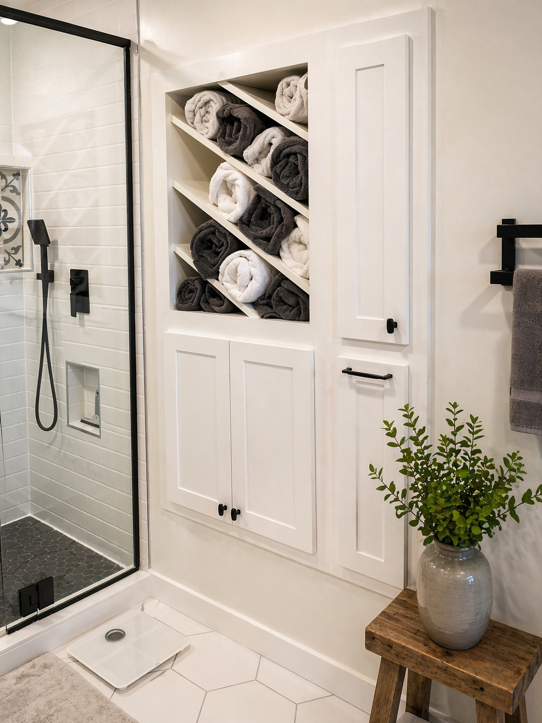 Douglas Mendota Heights — Built-in Linen Cabinet with Diagonal Towel Shelves