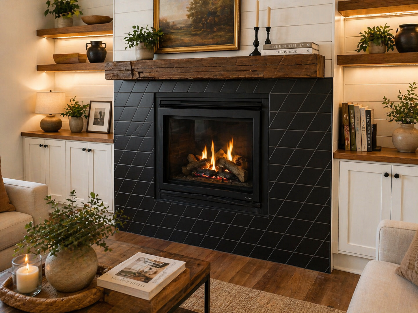 Douglas Mendota Heights — Living Room Fireplace with Black Diagonal Tile and Reclaimed Wood Mantle