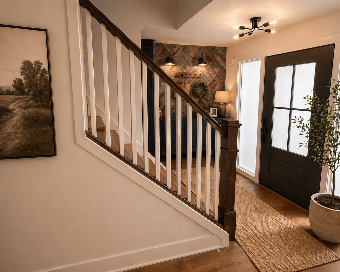 Douglas Mendota Heights — Entryway and Staircase with Dark Wood Railing