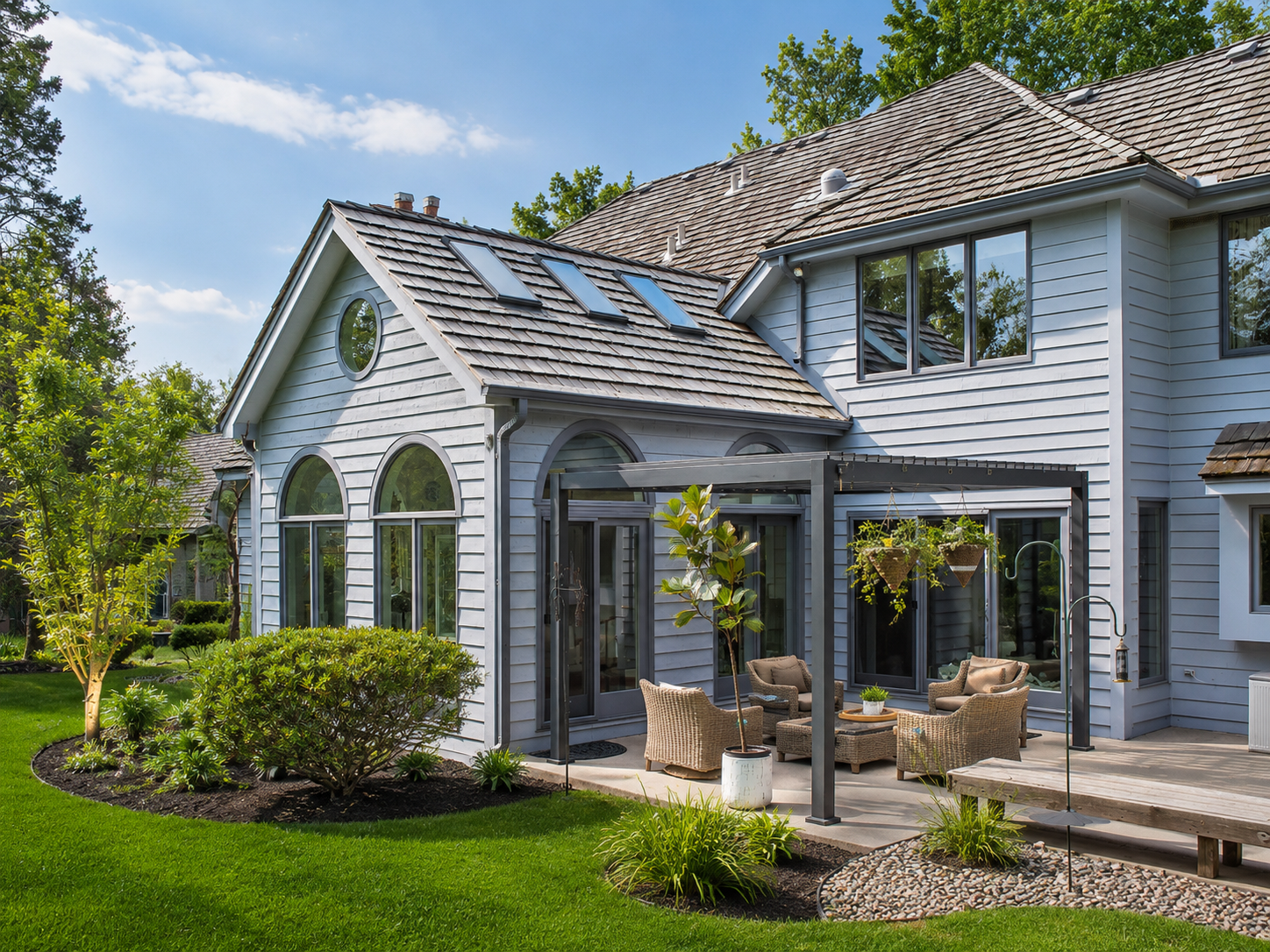 Light for Art — Rear Exterior After Sunroom Addition with Pergola and Patio