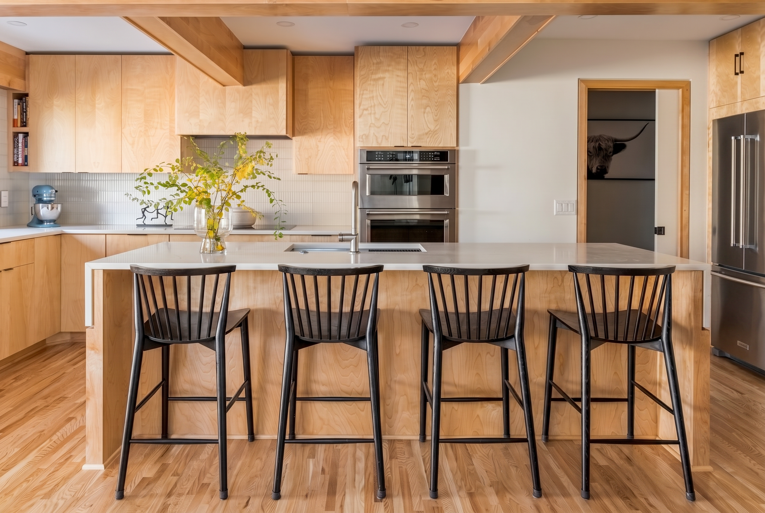 Robbins kitchen full-height cabinetry with book-matched porcelain slab backsplash in Minneapolis
