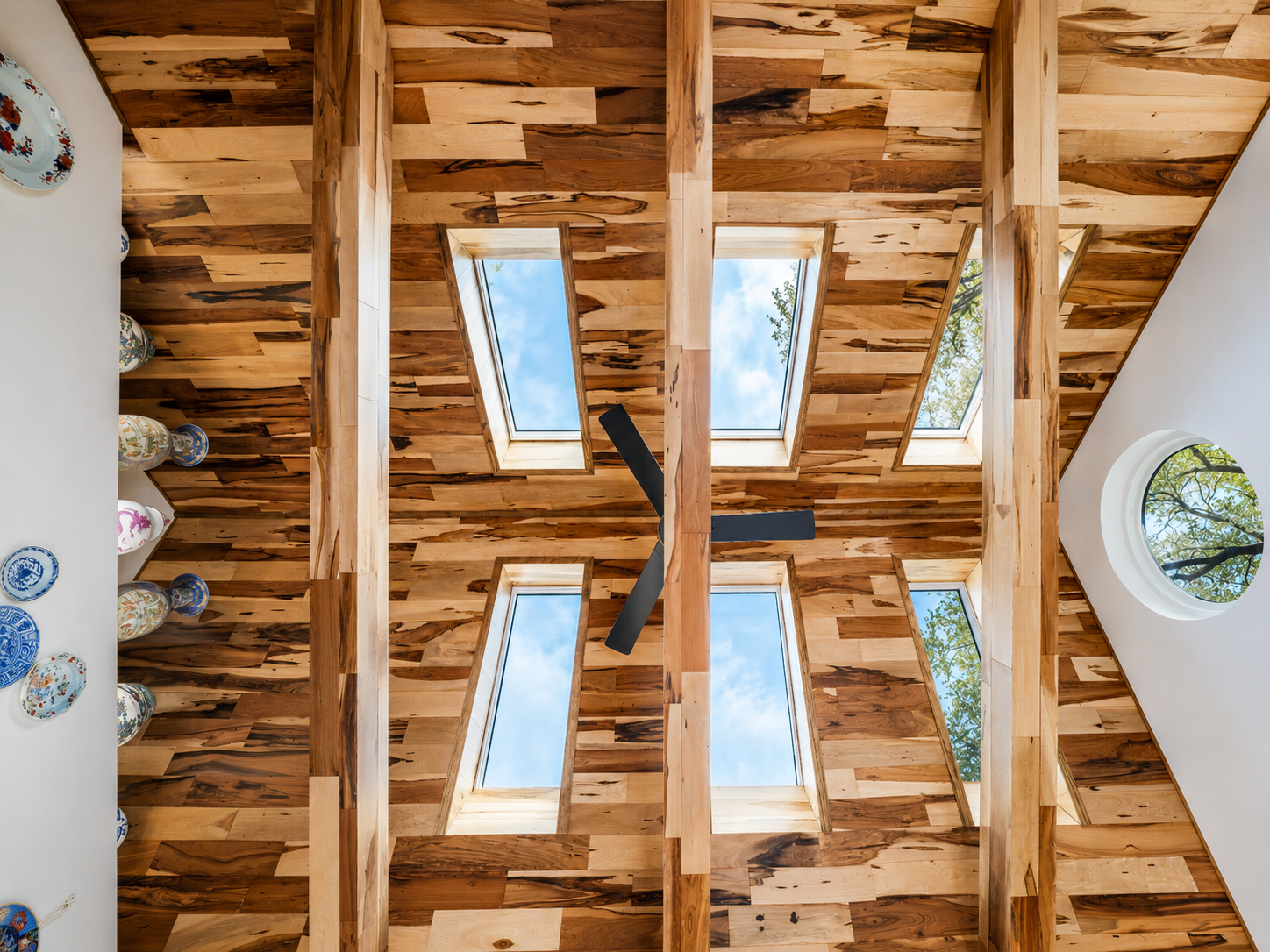 Light for Art — Looking Up at Six VELUX Skylights Through Pecky Cypress Ceiling
